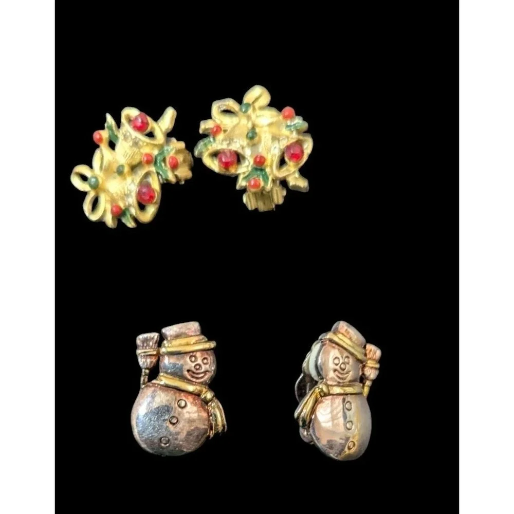 Vtg Christmas Clip On‎ Earrings Set 4 Pairs Trees Snowmen Bells Holiday Jewelry
